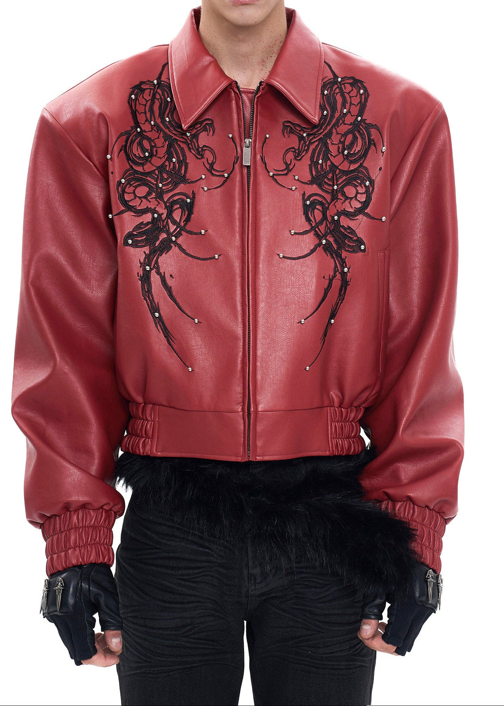 Thorn Embroidered Faux Leather Biker Jacket