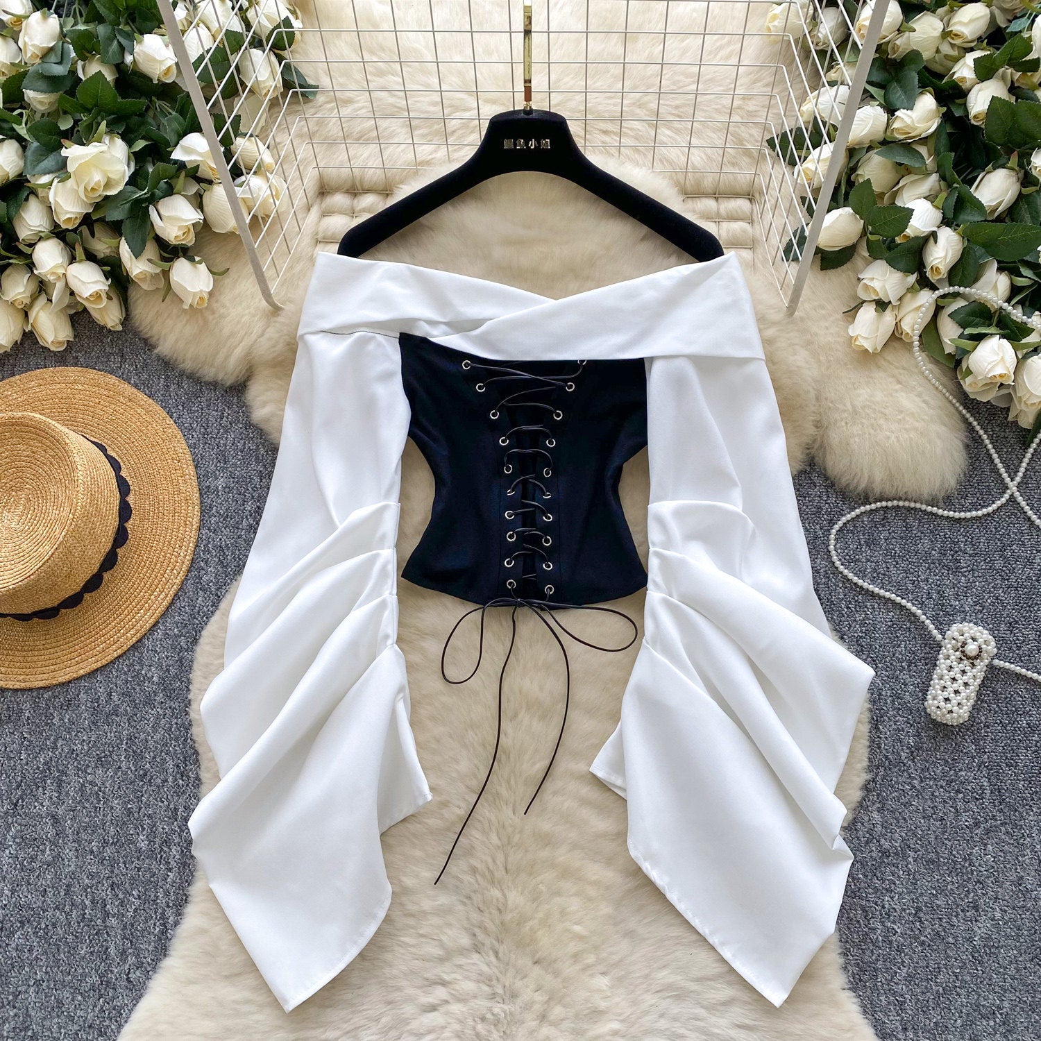 Cyber-Corset Ruched Off-Shoulder Top