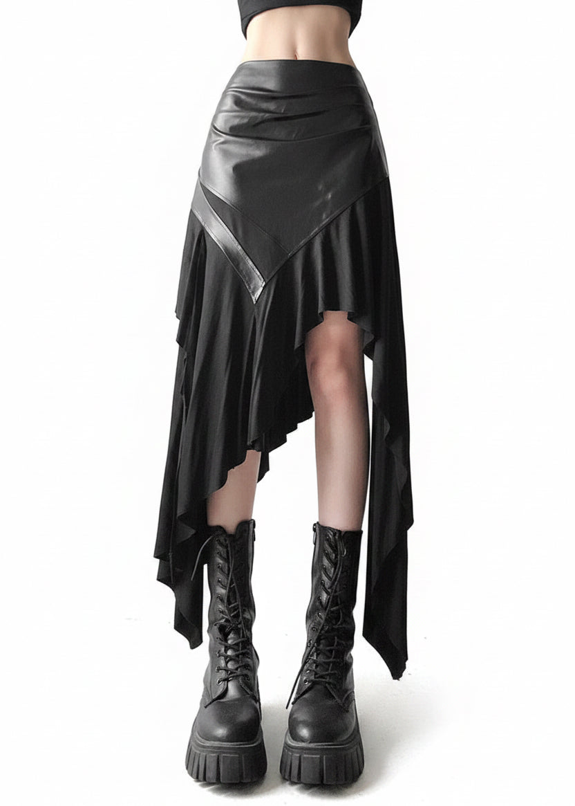 Gothic PU Leather Spliced Asymmetrical Maxi Skirt