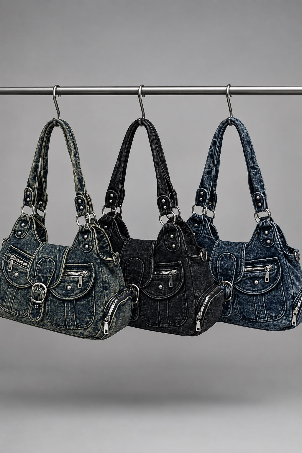 Vintage Denim Multi-Pocket Crossbody Bag