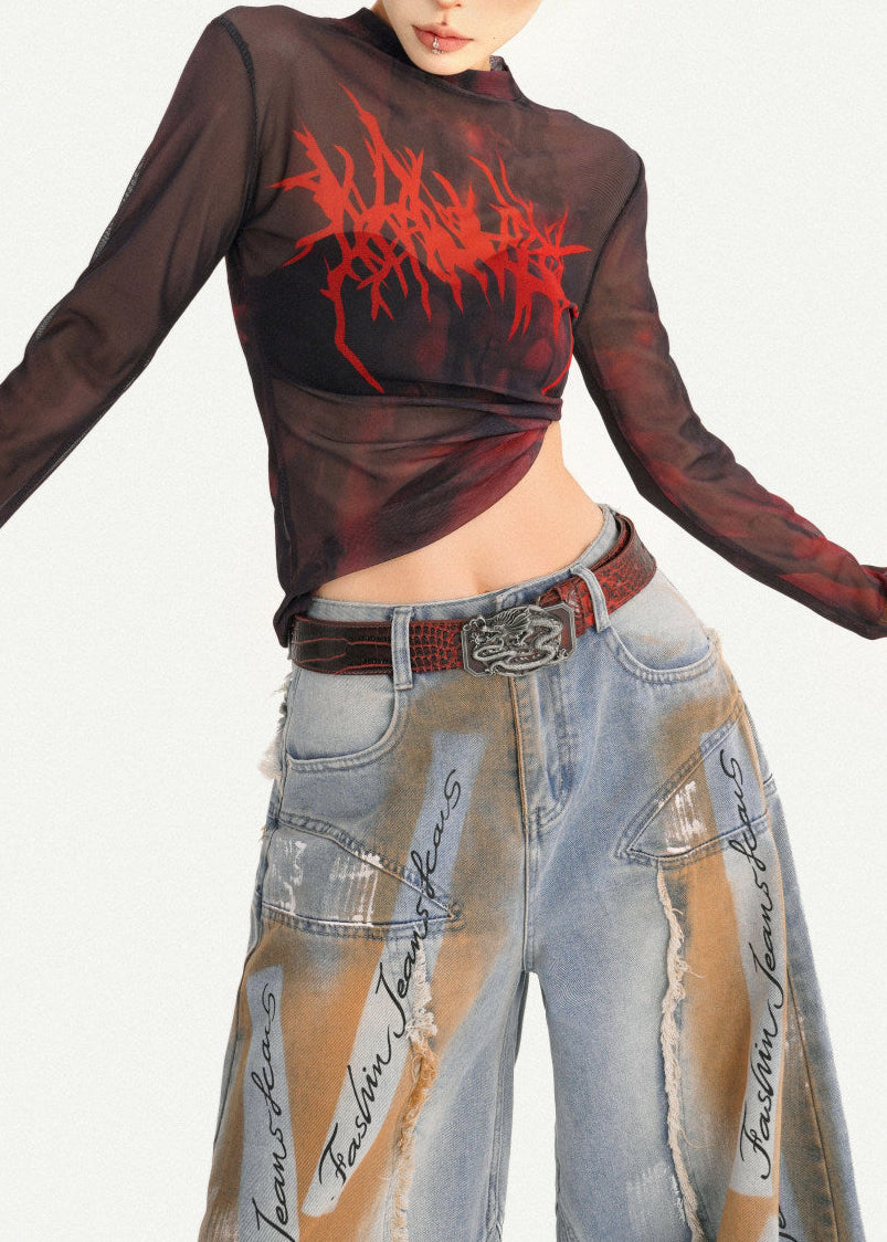 Blood-Red Death Metal Mesh Long Sleeve Top