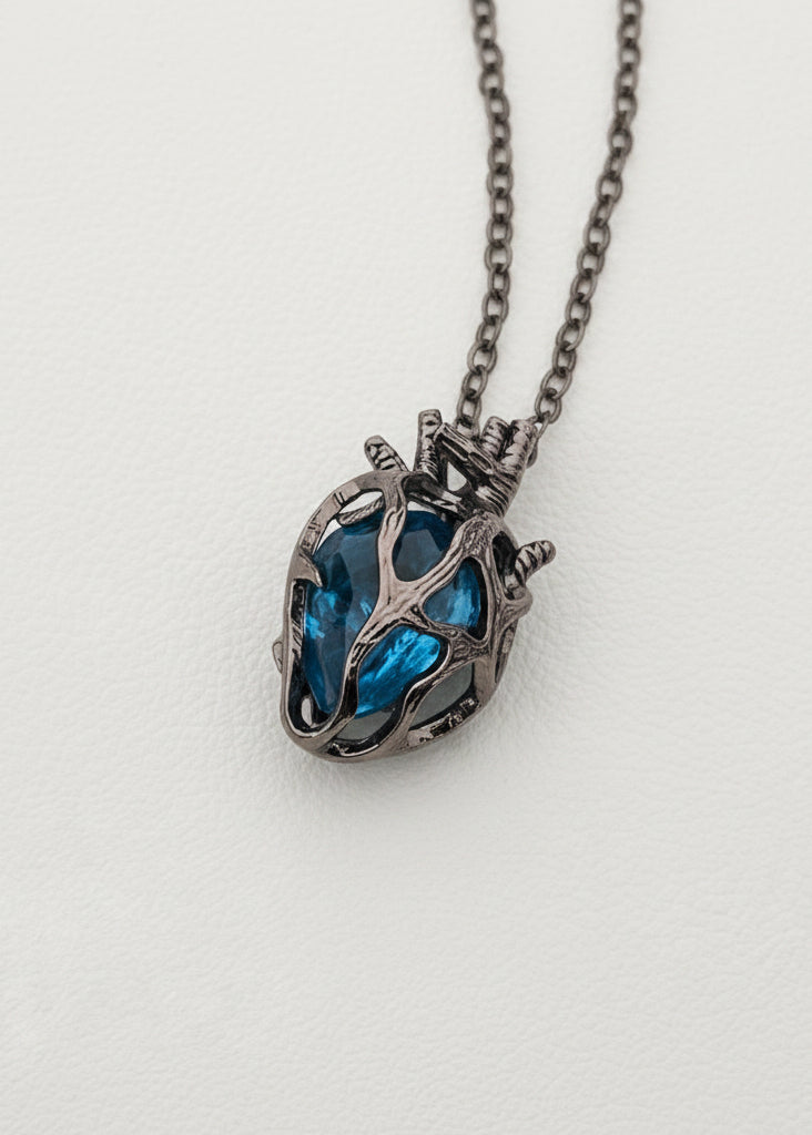 Hollow Caged Gemstone Heart Pendant Necklace