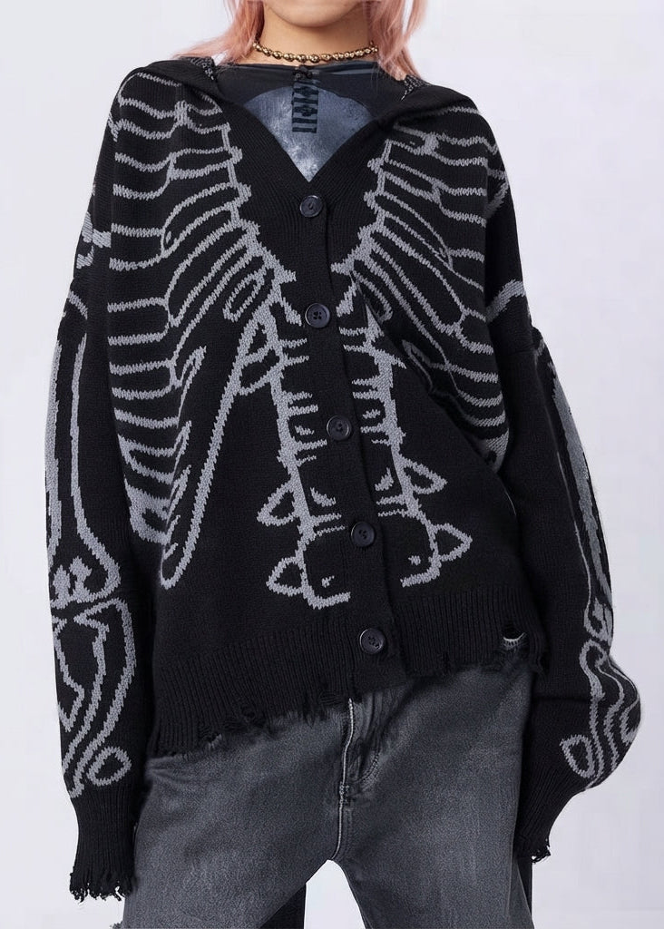 Skull Jacquard Hooded Knitted Cardigan