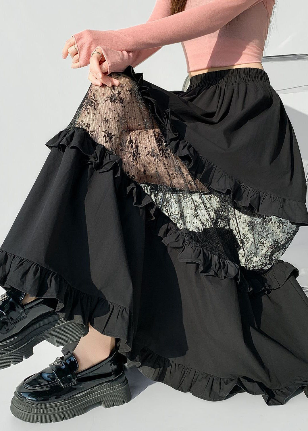 Obsidian Whispers Tiered Lace Patchwork Maxi Skirt