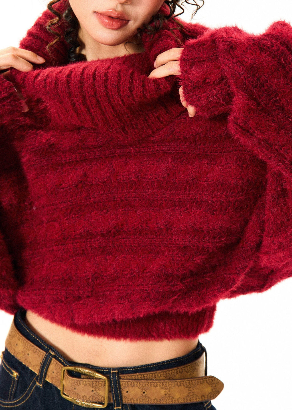 Off-Shoulder Chunky Knit Cropped Sweater