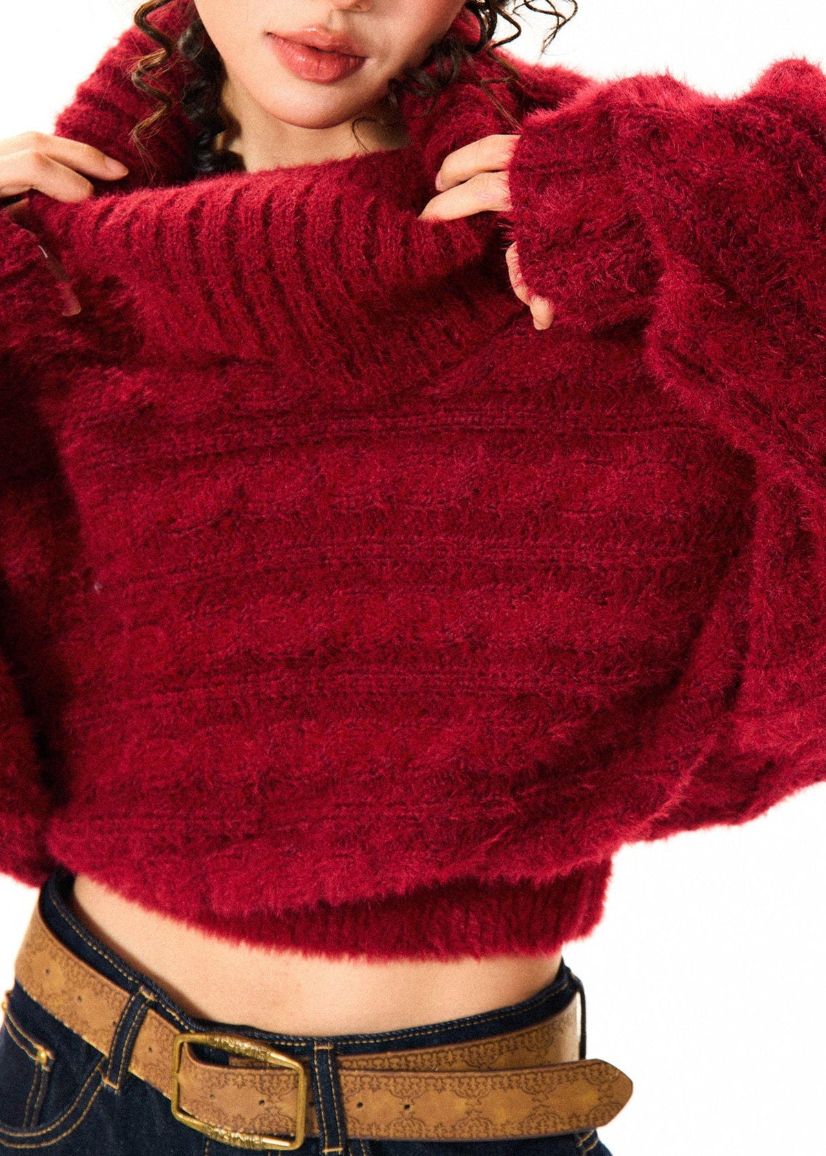 Off-Shoulder Chunky Knit Cropped Sweater