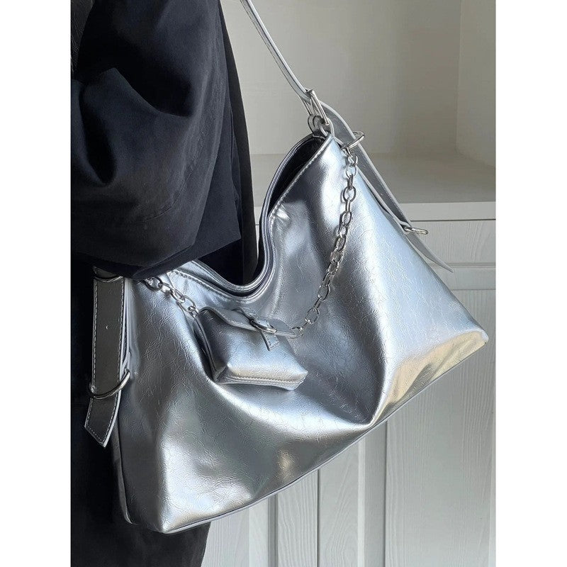 Cyber-Glitch Metallic Tote Bag | Gothic Grunge Shoulder Bag