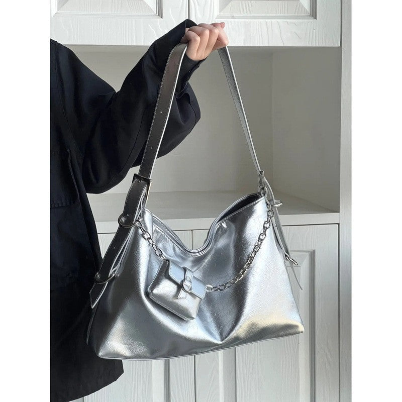Cyber-Glitch Metallic Tote Bag | Gothic Grunge Shoulder Bag