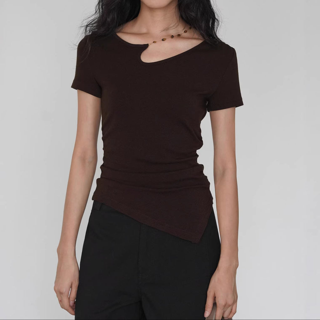 Asymmetric Neckline Knit Top with Detachable Chain