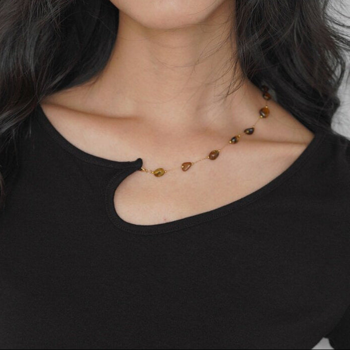Asymmetric Neckline Knit Top with Detachable Chain