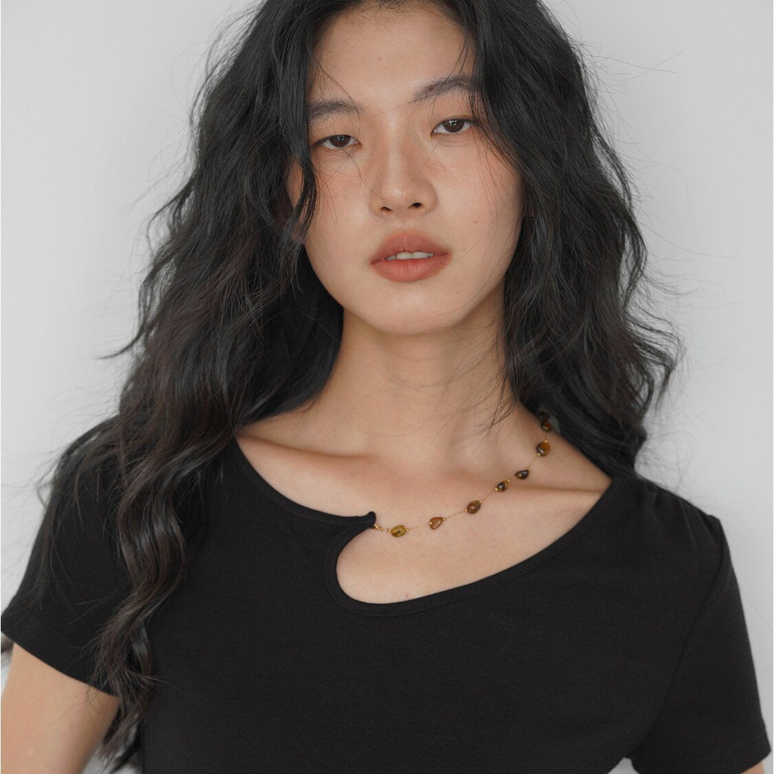 Asymmetric Neckline Knit Top with Detachable Chain