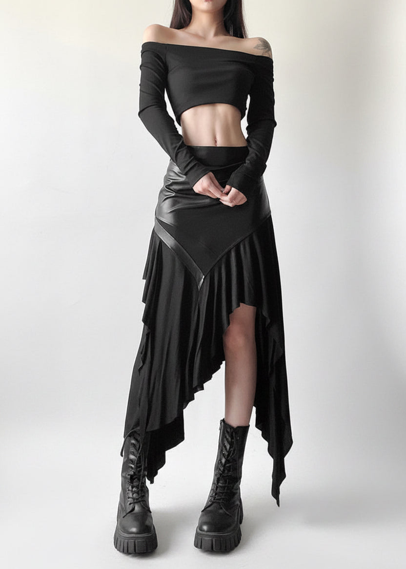 Gothic PU Leather Spliced Asymmetrical Maxi Skirt