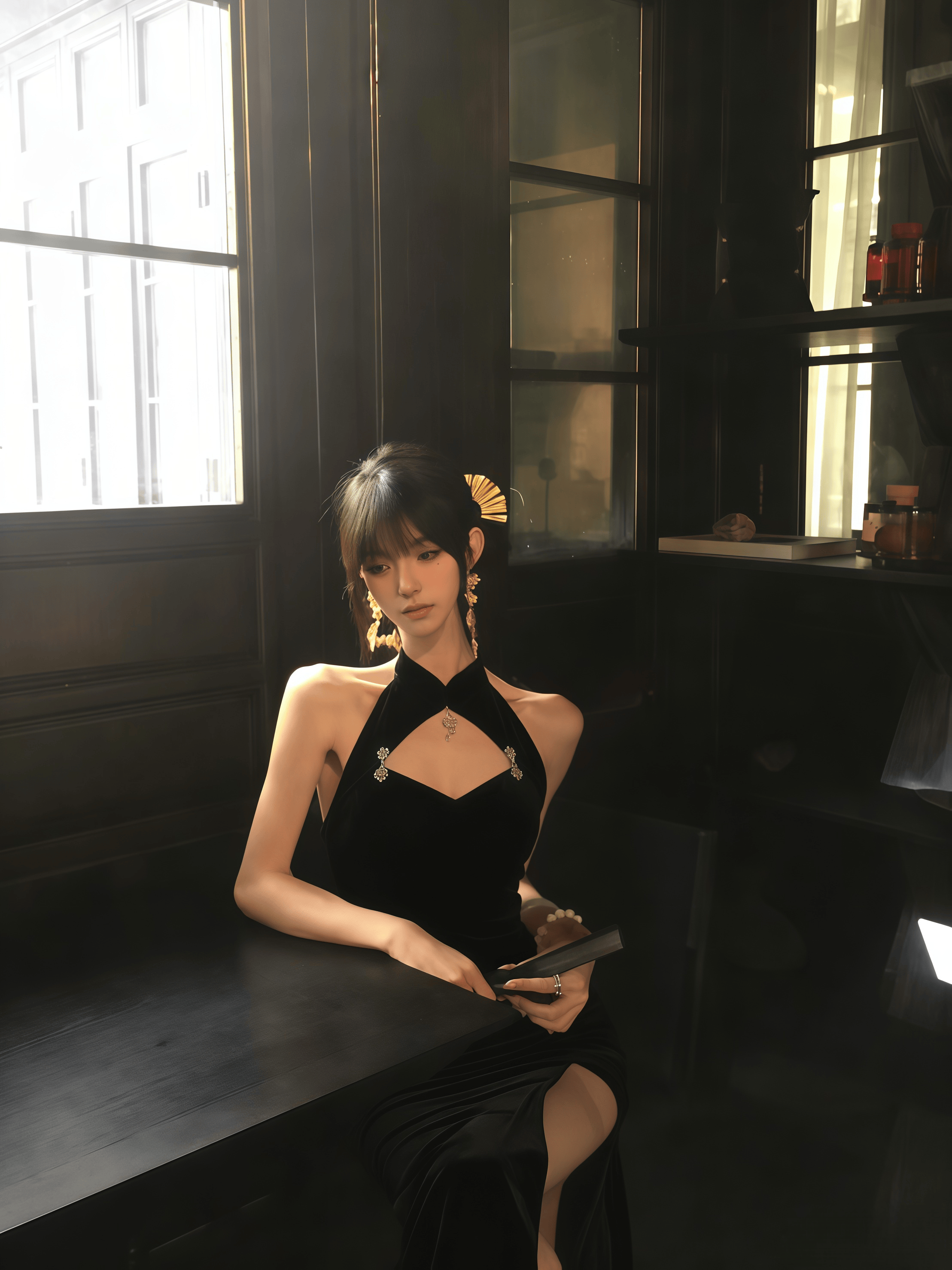 Noir Siren Qipao Maxi Dress & Lace Shrug Set