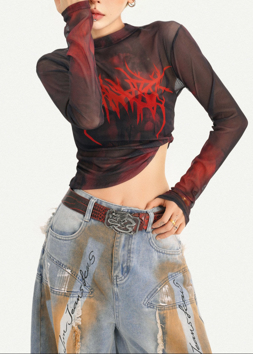 Blood-Red Death Metal Mesh Long Sleeve Top