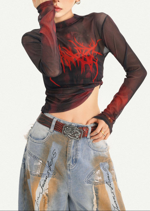 Blood-Red Death Metal Mesh Long Sleeve Top