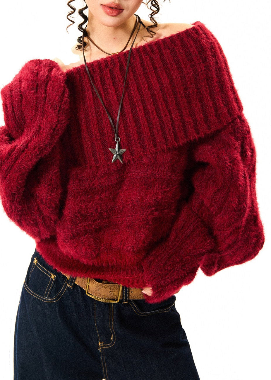 Off-Shoulder Chunky Knit Cropped Sweater