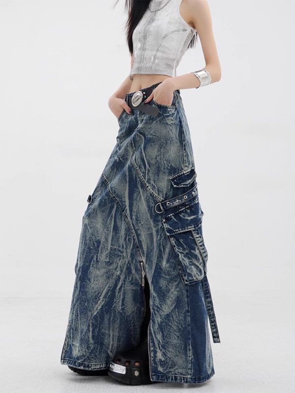 Cyber-Cargo Distressed Denim Maxi Skirt