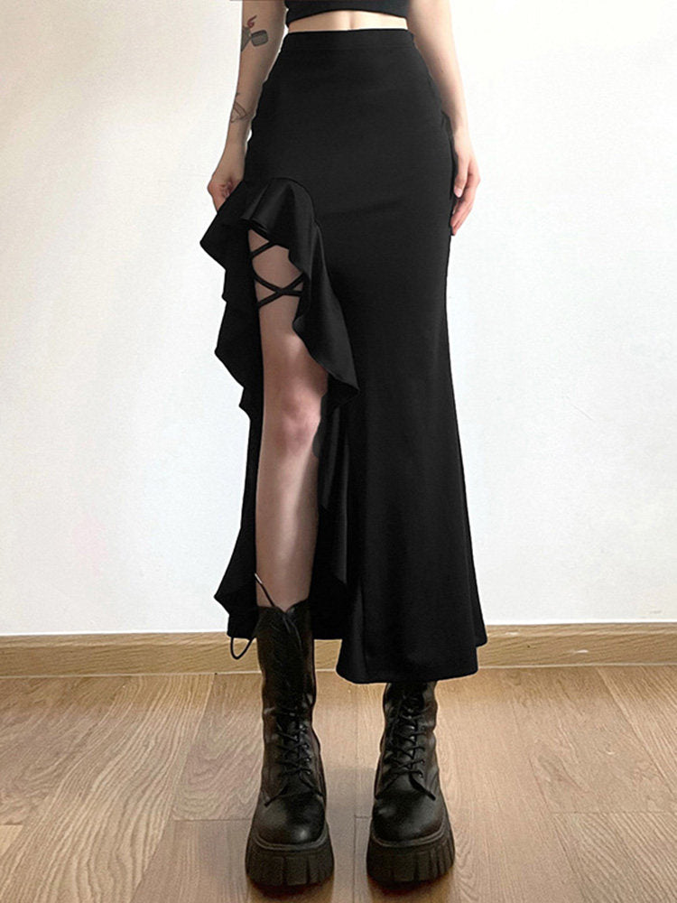 Neo-Oriental Asymmetric Ruffled Midi Skirt