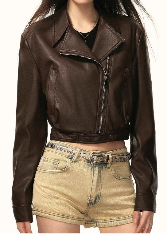 Vintage Oversized Cropped PU Leather Jacket