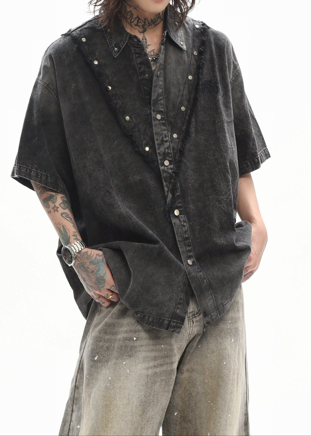 Studded Heavyweight Denim Short-Sleeve Shirt