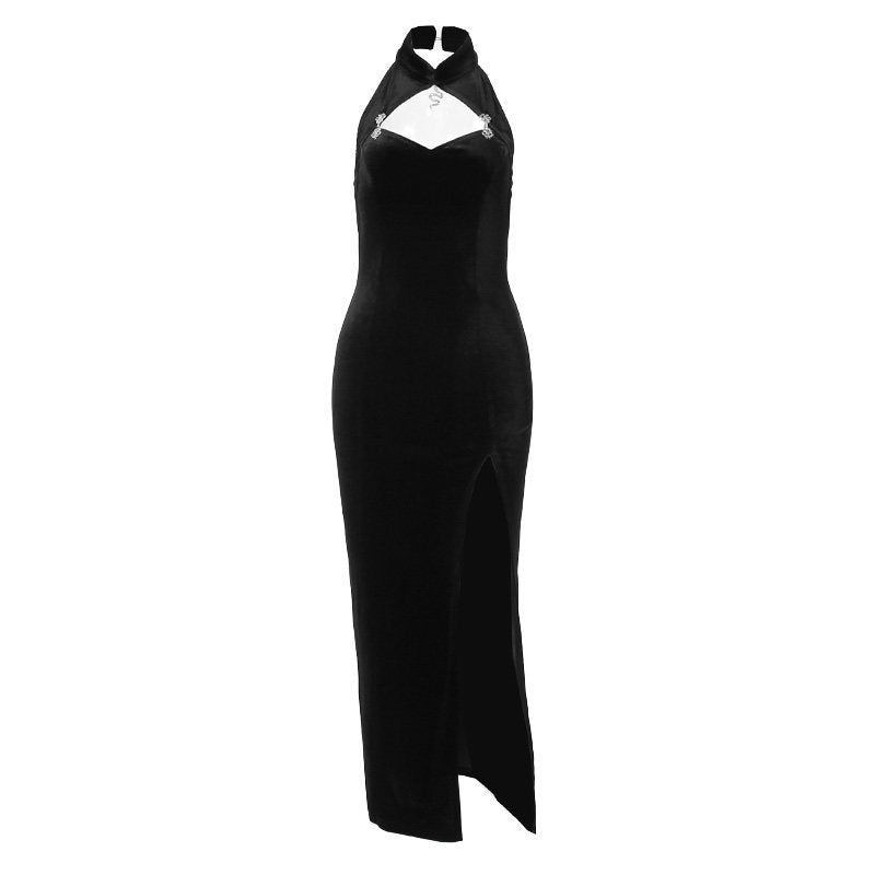Noir Siren Qipao Maxi Dress & Lace Shrug Set