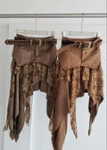 Distressed Patchwork A-Line Midi Skirt with Studded Belt
