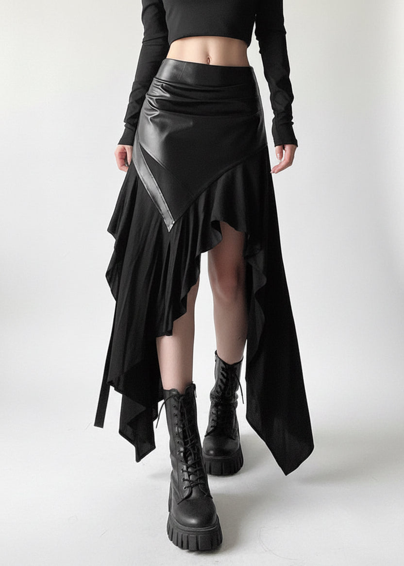 Gothic PU Leather Spliced Asymmetrical Maxi Skirt