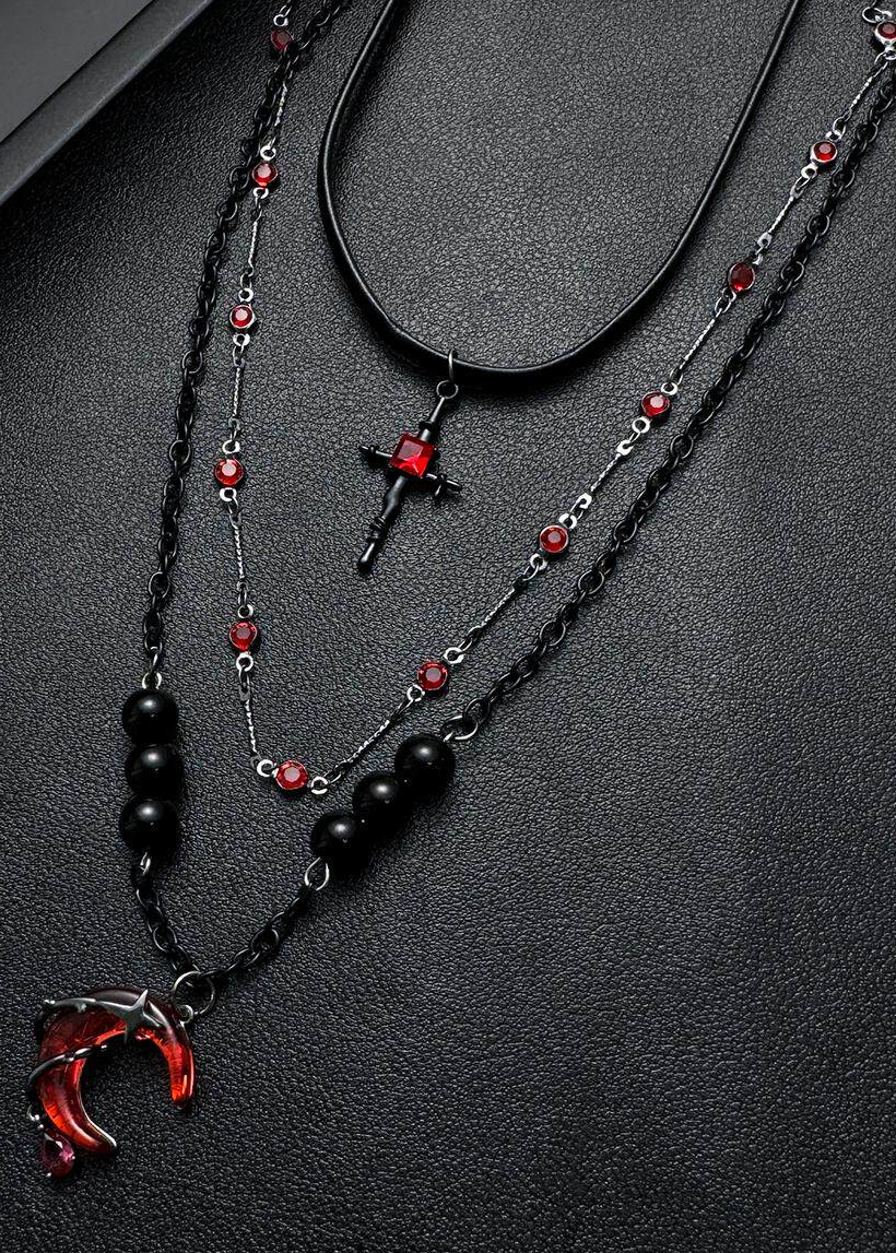 Layered Scarlet Moon & Cross Gothic Necklace