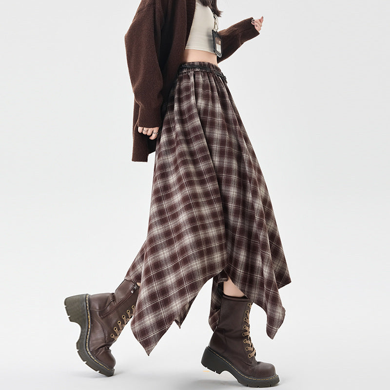 Asymmetric Plaid Grunge Midi Skirt