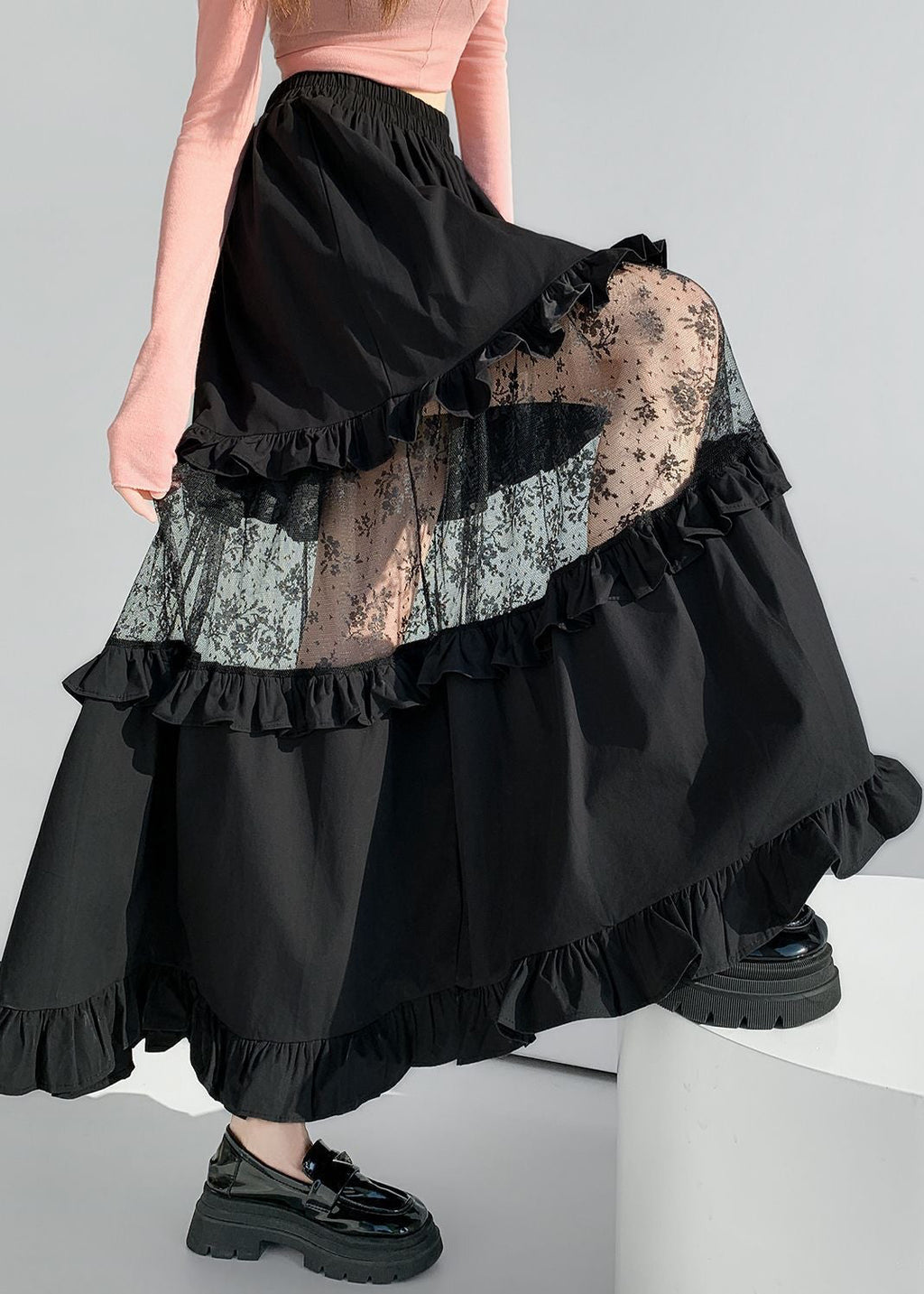 Obsidian Whispers Tiered Lace Patchwork Maxi Skirt