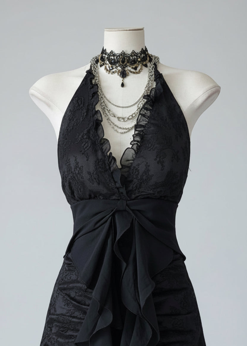 Vintage Halter Lace-Trim Black Maxi Dress