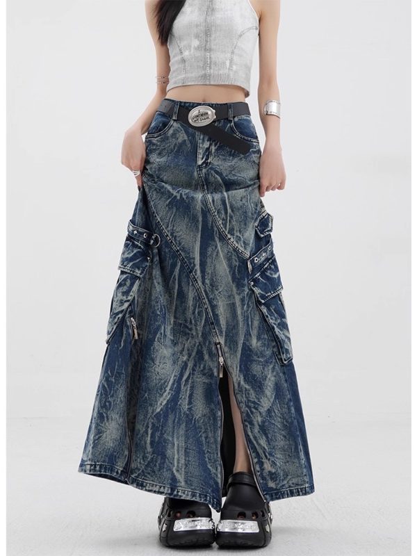 Cyber-Cargo Distressed Denim Maxi Skirt