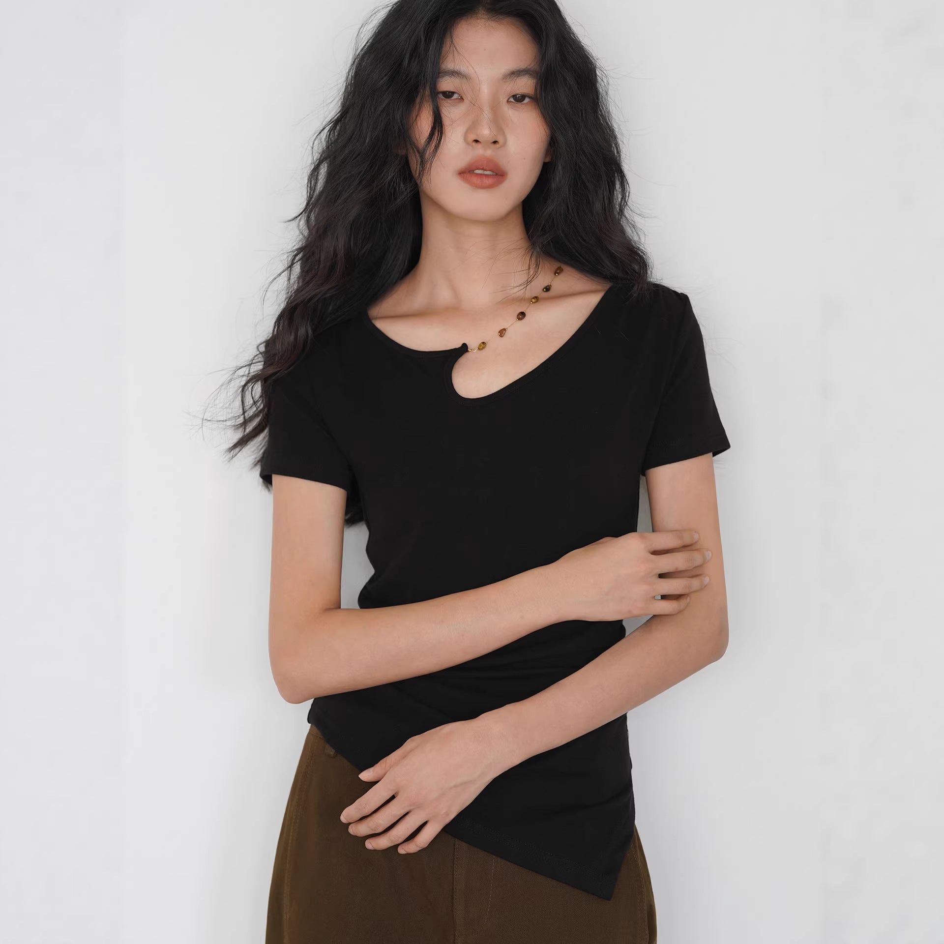 Asymmetric Neckline Knit Top with Detachable Chain