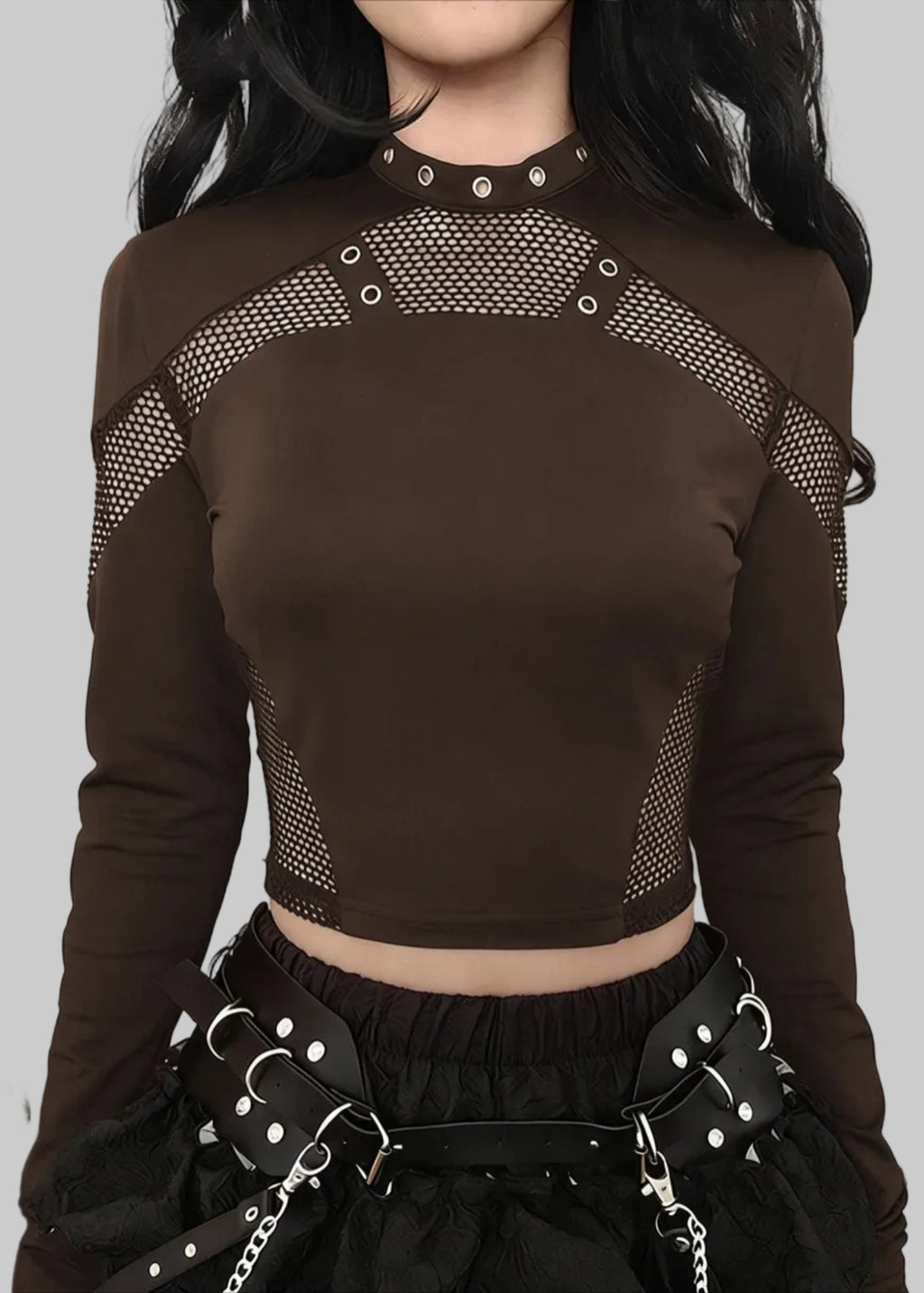 Shadow Web Hollow-Out Mesh Long Sleeve Top