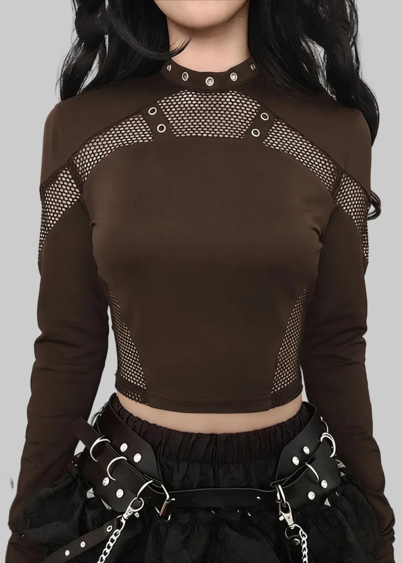 Shadow Web Hollow-Out Mesh Long Sleeve Top