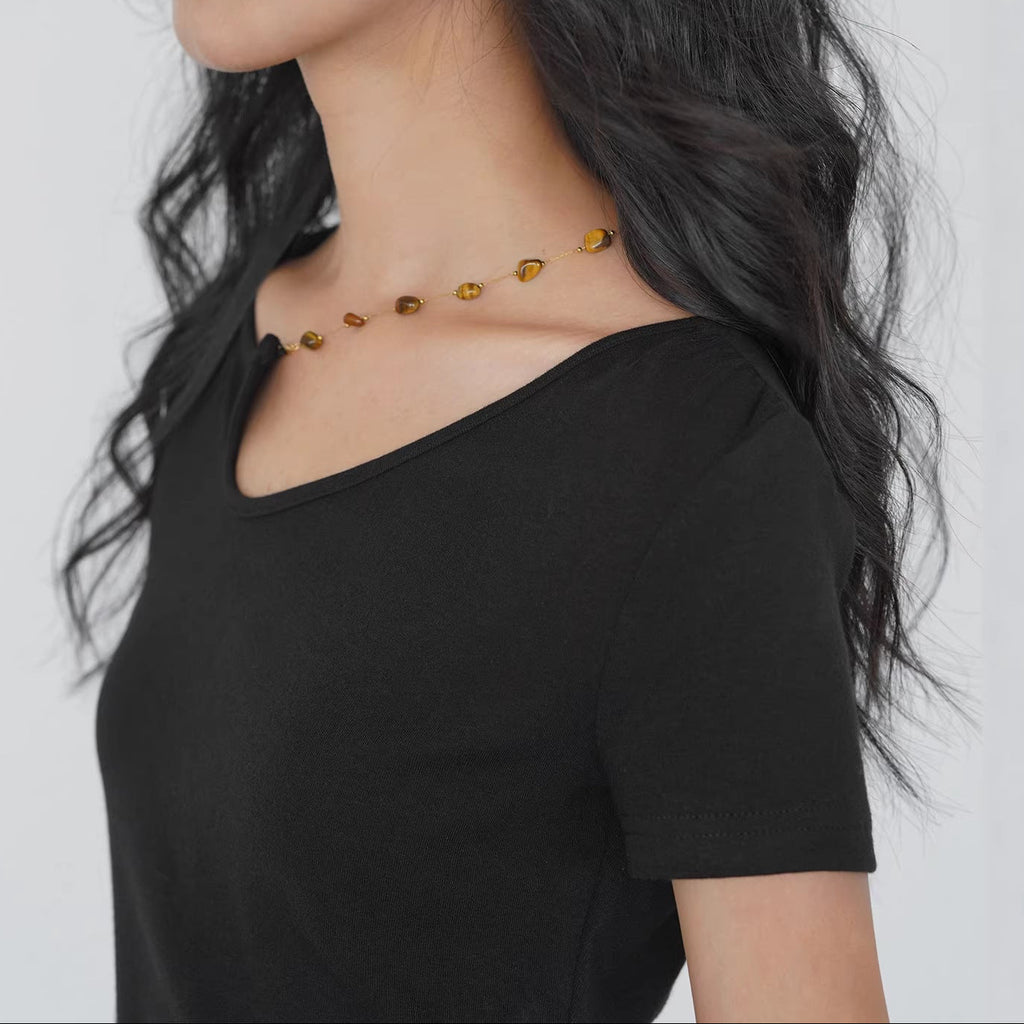 Asymmetric Neckline Knit Top with Detachable Chain