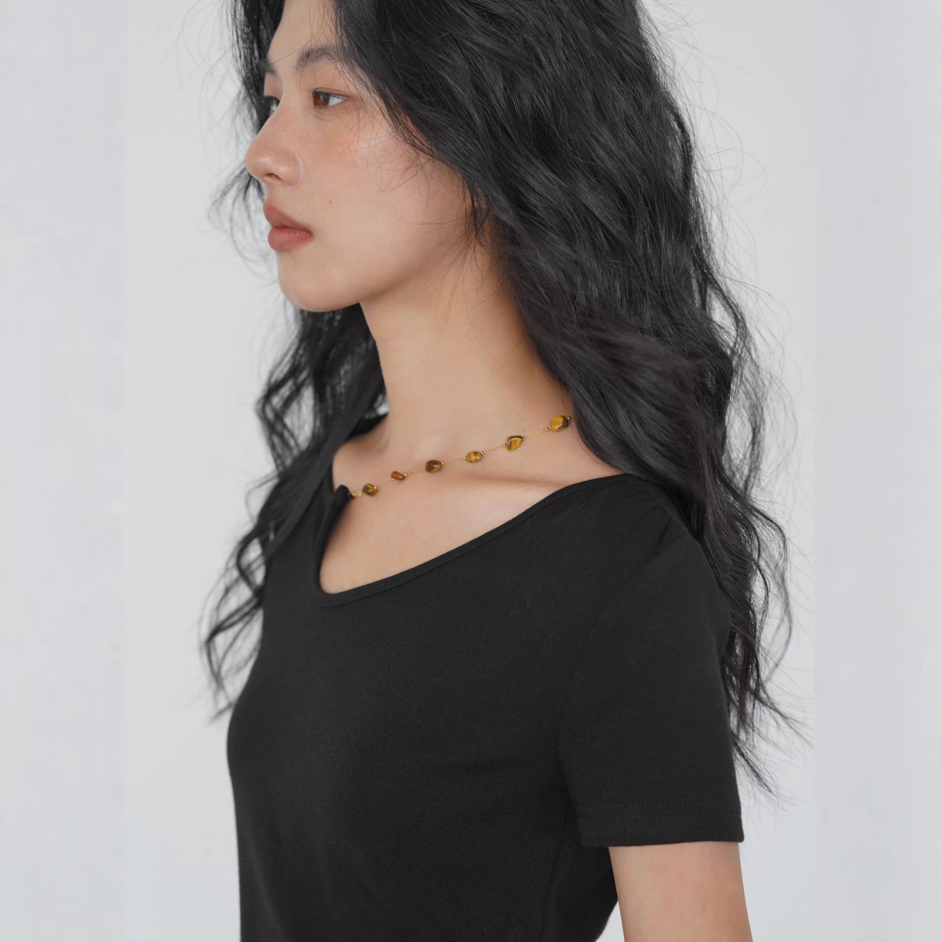 Asymmetric Neckline Knit Top with Detachable Chain