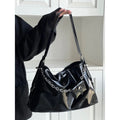 Cyber-Glitch Metallic Tote Bag | Gothic Grunge Shoulder Bag