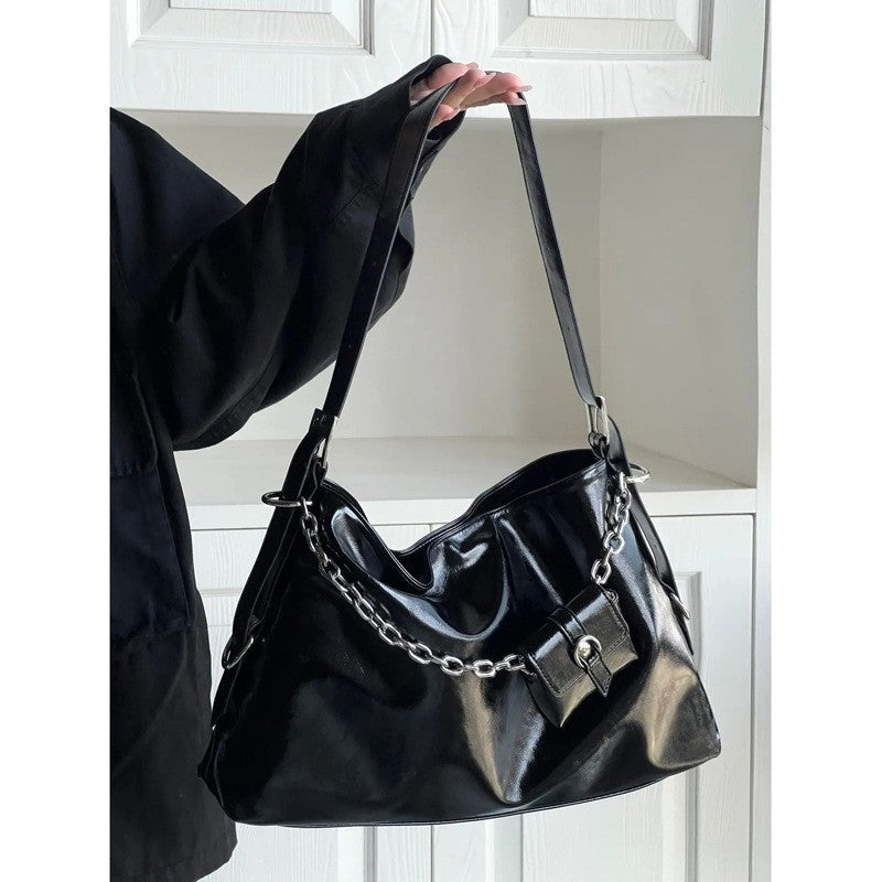 Cyber-Glitch Metallic Tote Bag | Gothic Grunge Shoulder Bag
