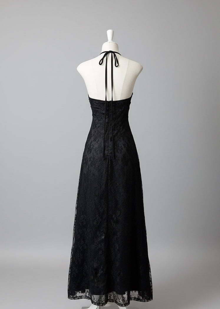 Vintage Halter Lace-Trim Black Maxi Dress