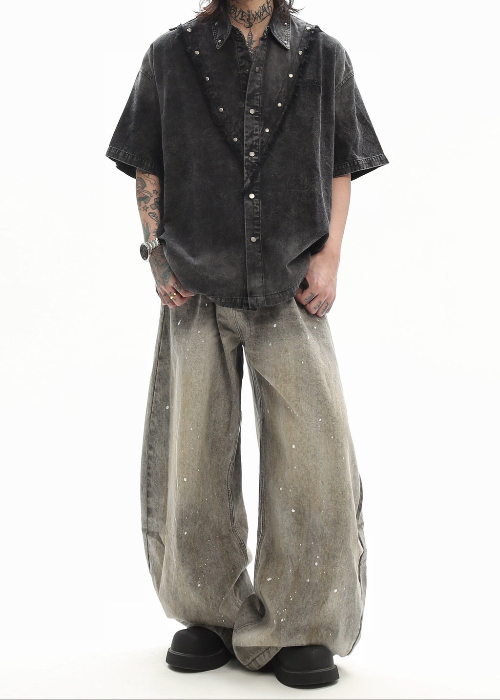 Studded Heavyweight Denim Short-Sleeve Shirt
