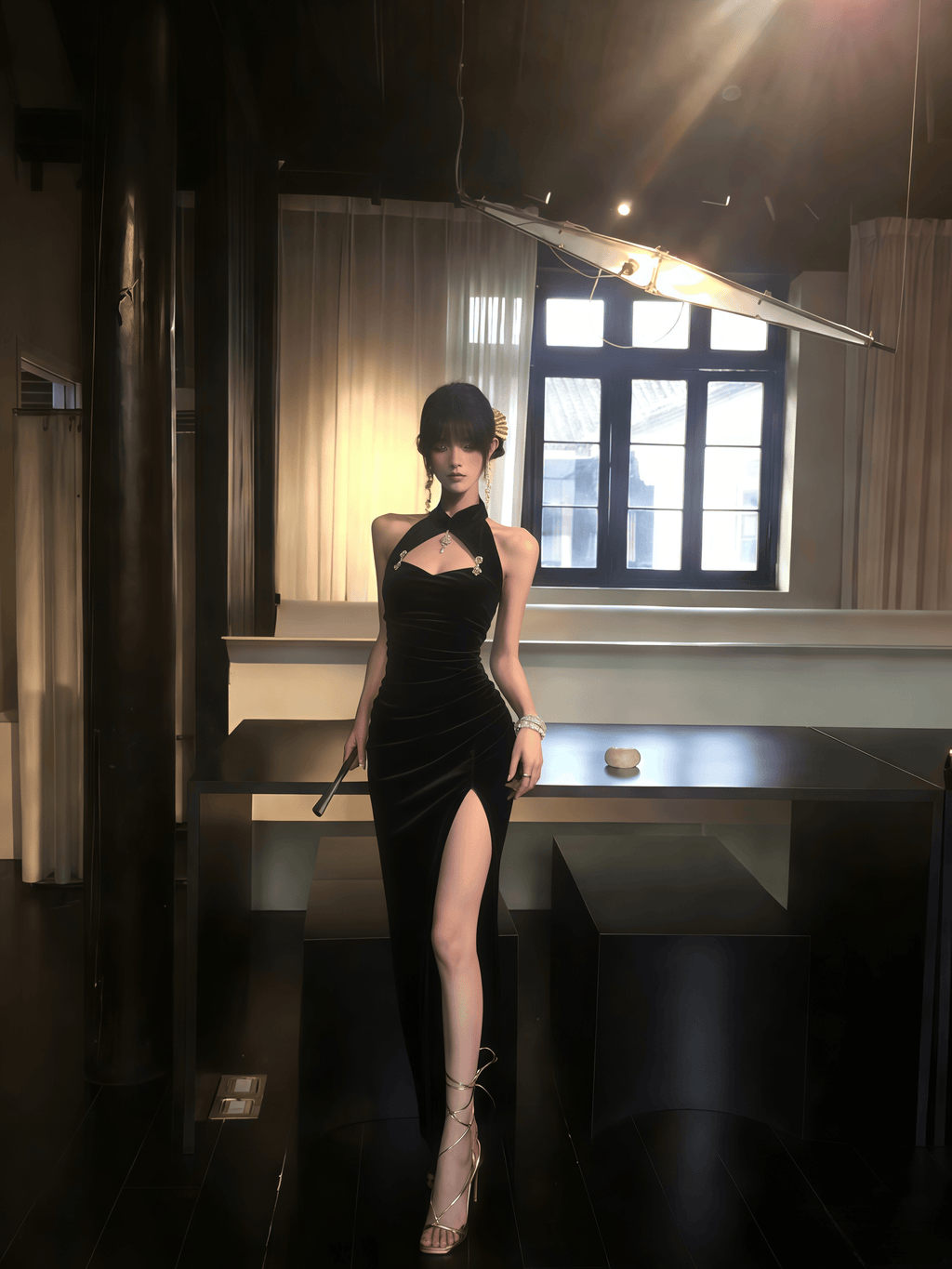 Noir Siren Qipao Maxi Dress & Lace Shrug Set