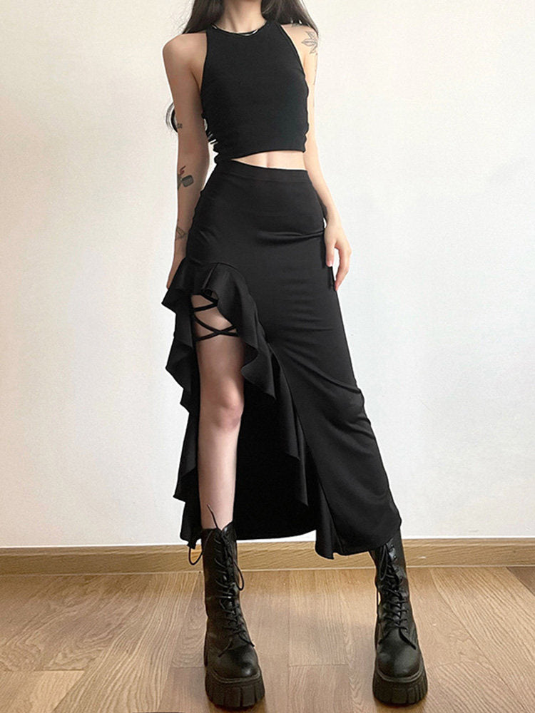 Neo-Oriental Asymmetric Ruffled Midi Skirt