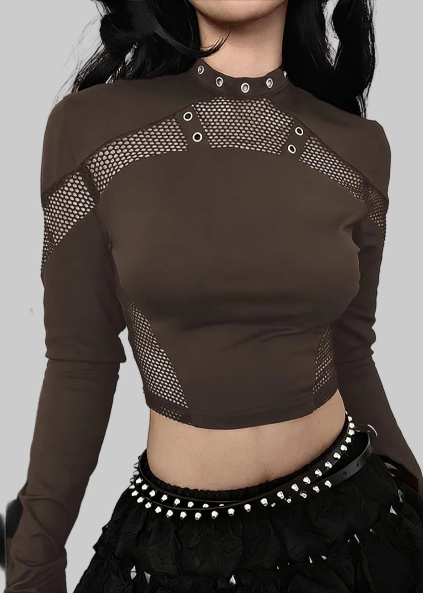 Shadow Web Hollow-Out Mesh Long Sleeve Top