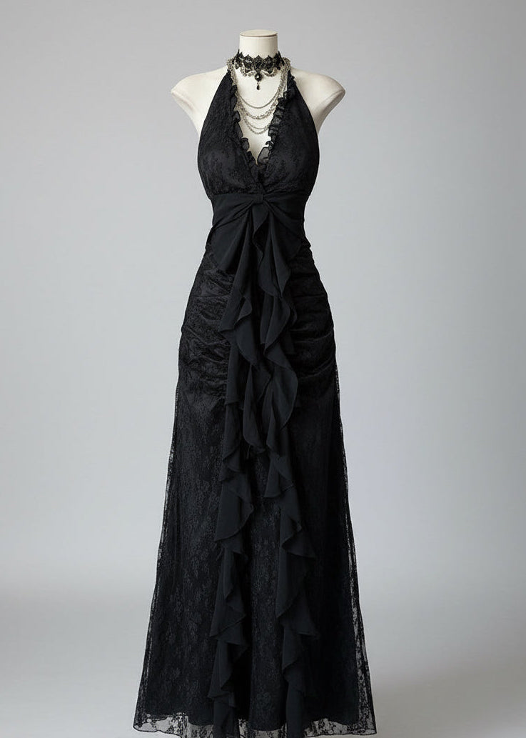 Vintage Halter Lace-Trim Black Maxi Dress