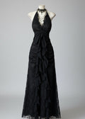 Vintage Halter Lace-Trim Black Maxi Dress