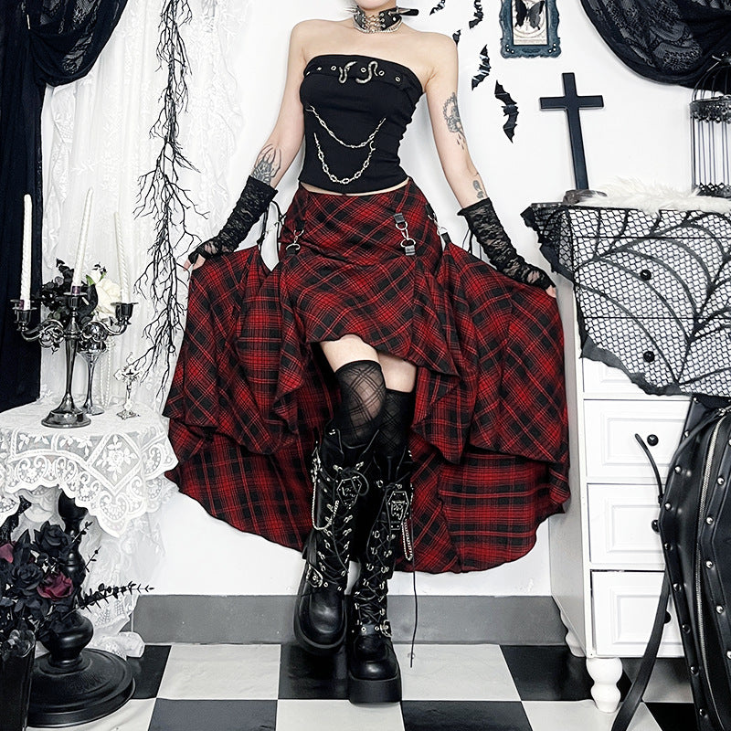 Punk Grunge Adjustable Plaid Midi Skirt