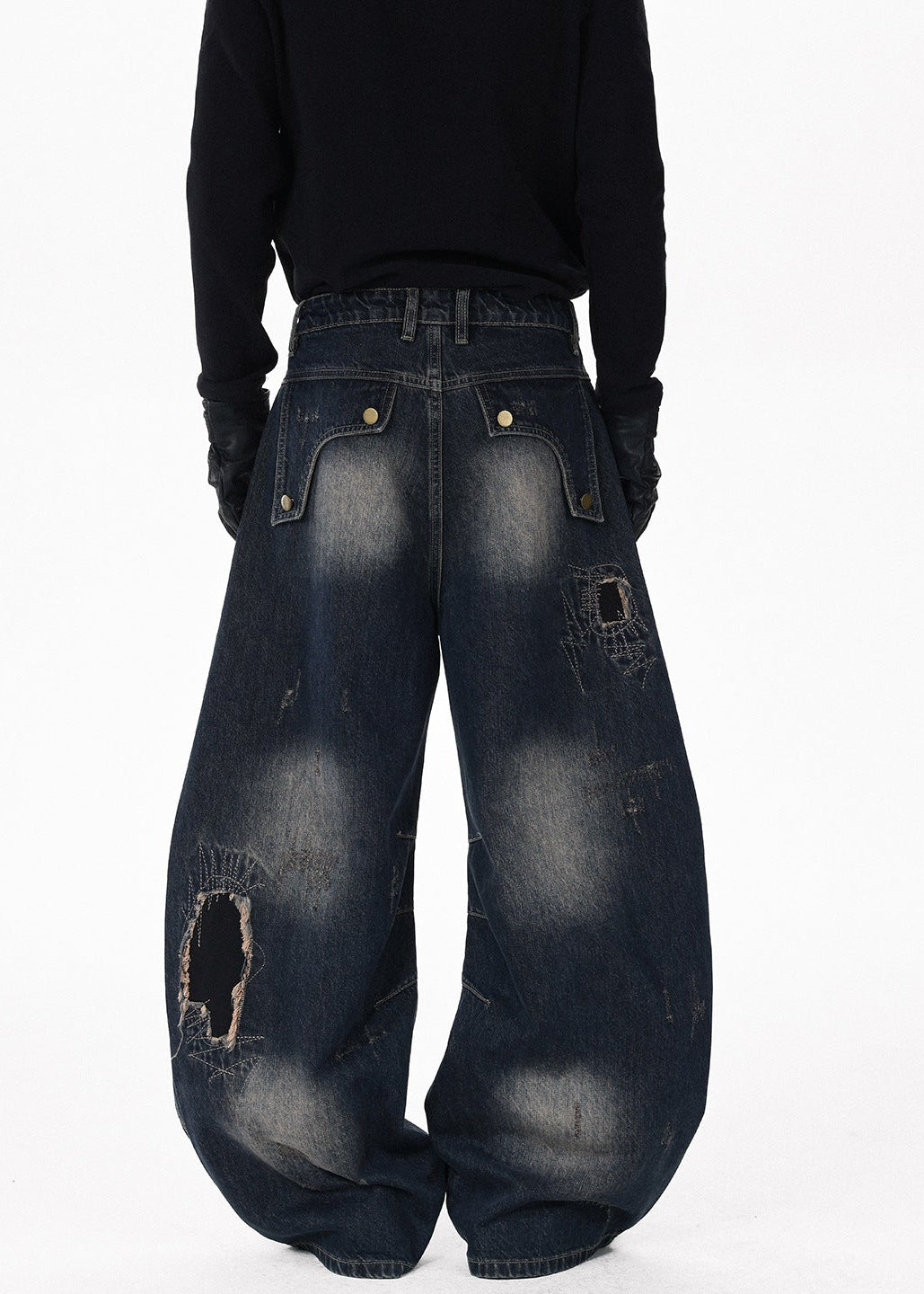Distressed Raw-Edge Patchwork Curved Wide-Leg Jeans