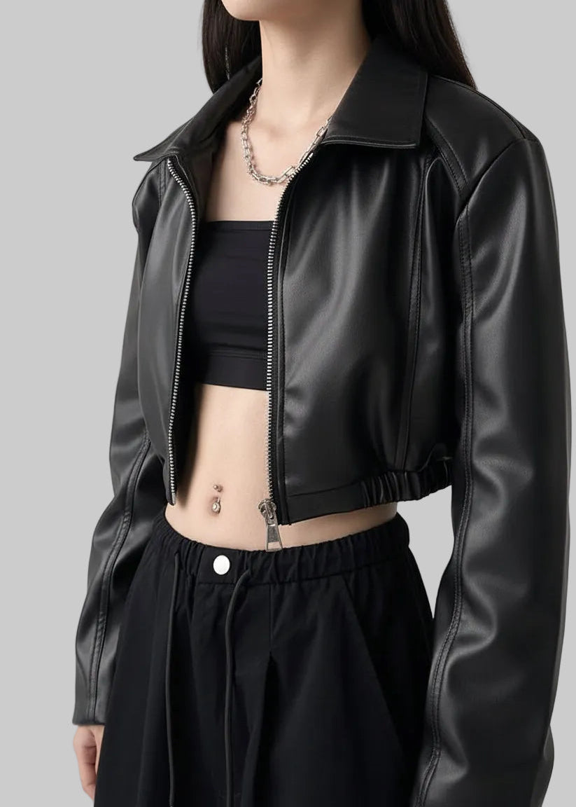 Retro Oversized Cropped Faux Leather Jacket