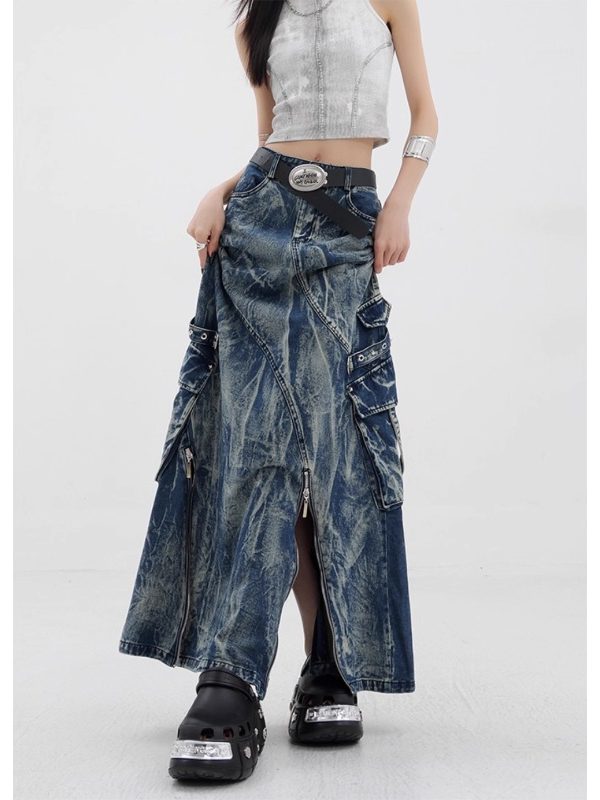 Cyber-Cargo Distressed Denim Maxi Skirt
